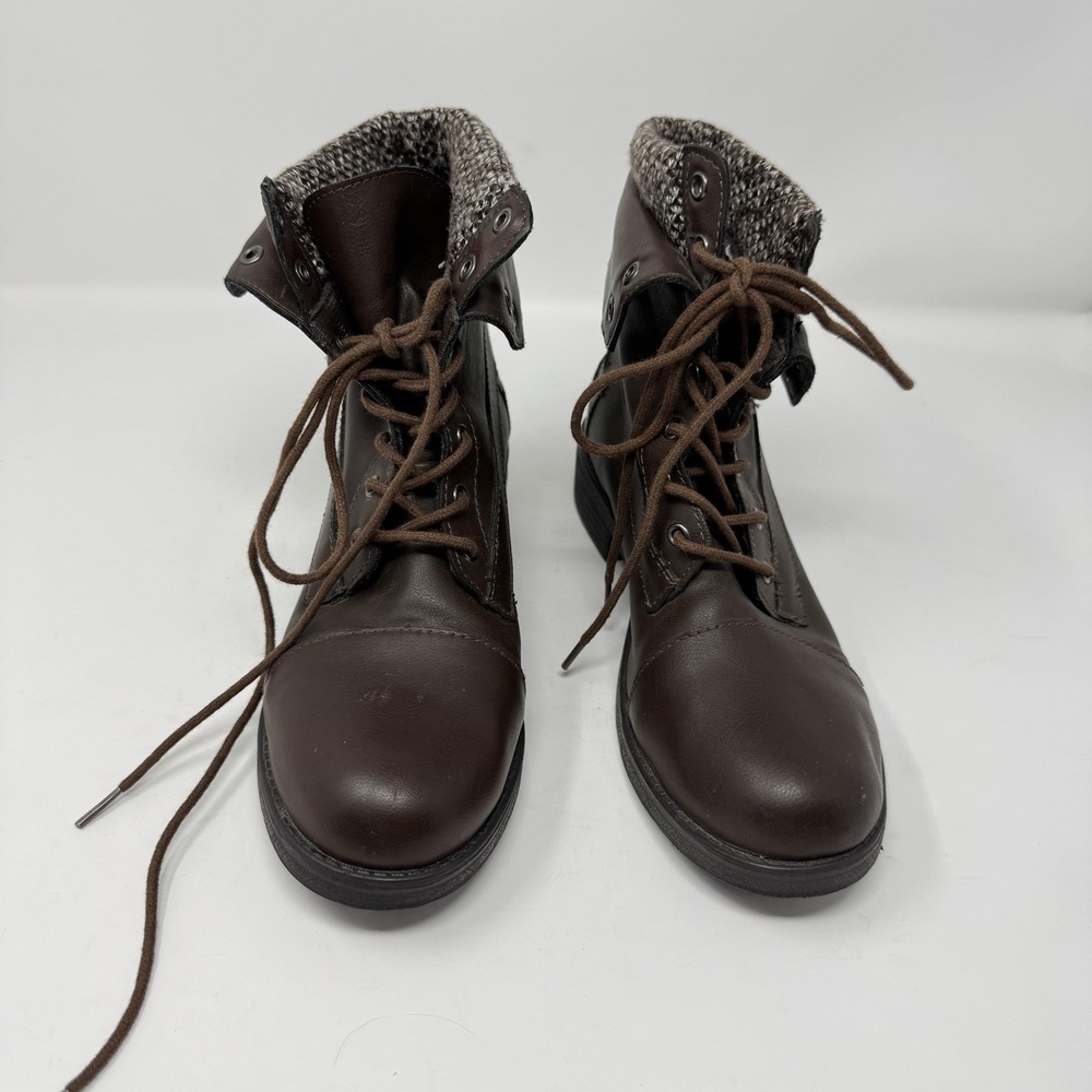 Maxa Boots Women Size 8.5 Brown Combat Lace Up Ankle Fold Over Knit Cuff Booties